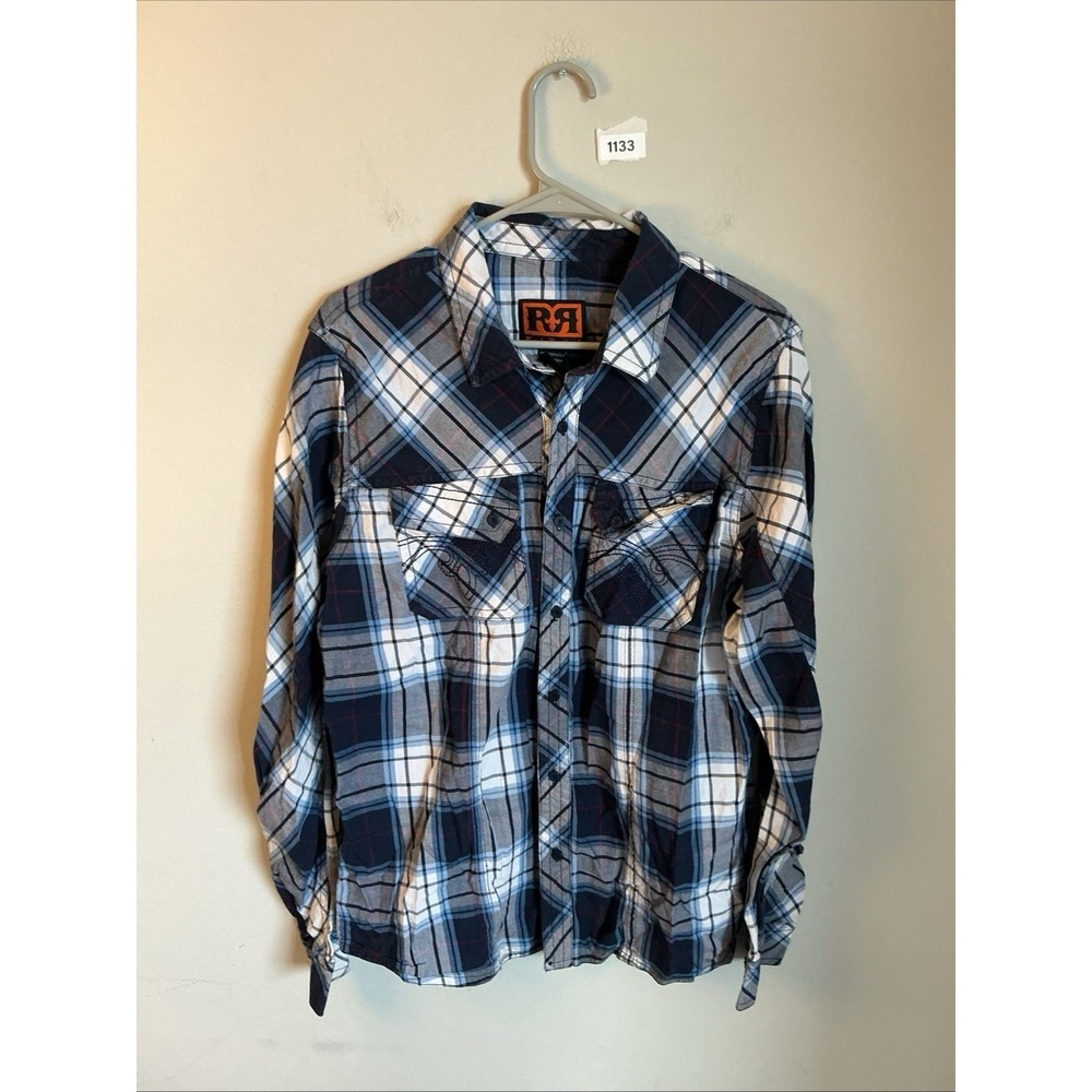 Rock Revival Shirt Men's L Blue Plaid  Outdoor Pocket Western Logo